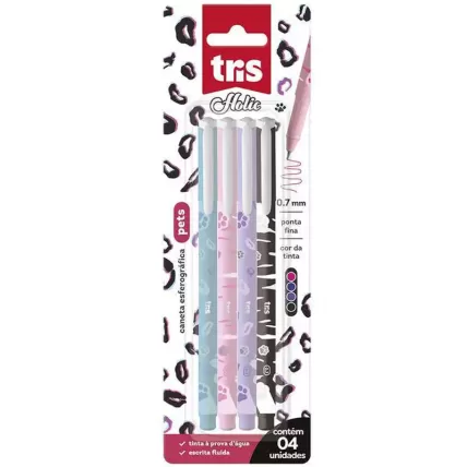 Caneta Esferográfica Holic Pets 0.7mm BT 4 UN Tris