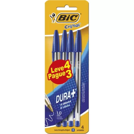 Caneta Esferográfica BIC Cristal Dura Mais Azul BT 4 UN