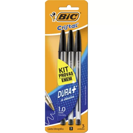 Kit Enem Caneta Esferográfica BIC Cristal Dura Mais Preta BT 3 UN