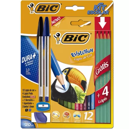 Kit Escolar I BIC Canetas + Lápis de Cor + Apontador + Borracha