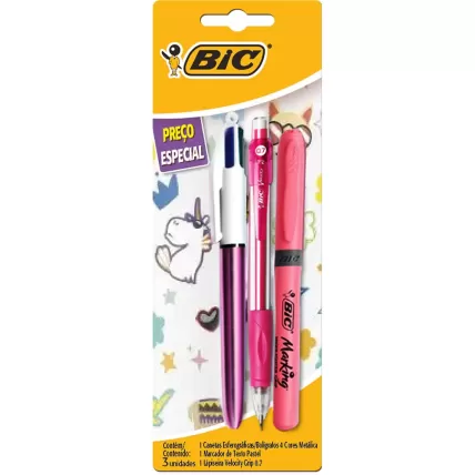 Kit Escrita Rosa Metálico BIC BT 3 UN