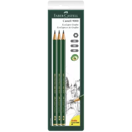 Lápis Grafite EcoLápis Castell 9000 2B/6B/8B Sextavado Faber-Castell BT 3 UN