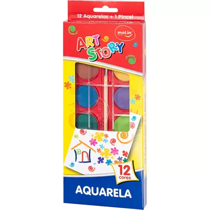 Aquarela 12 Cores Pastilhas 30mm + 1 Pincel Molin